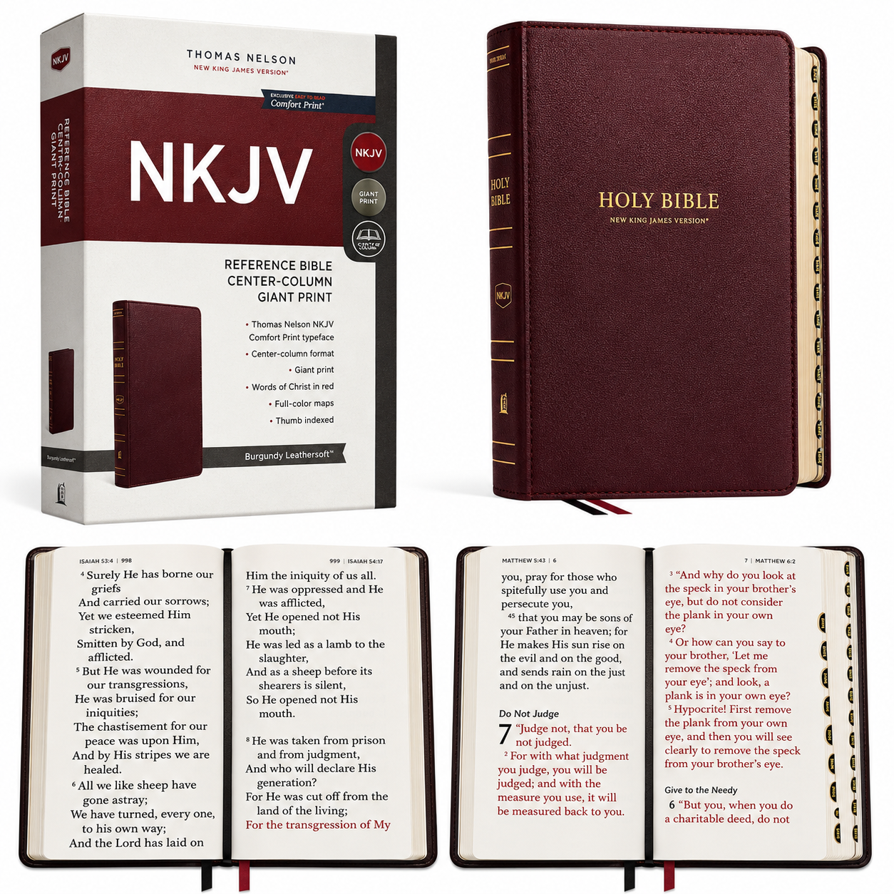 NKJV, Reference Bible, Center-Column Giant Print, Leather-Look, Burgundy, Red Letter Edition, Comfort Print | Study Bible, Reference Bible | Holy