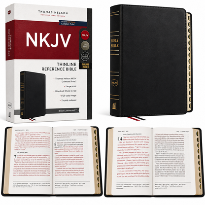 NKJV Thinline Reference Bible, Leather-Look, Black, Red Letter Edition, Comfort Print | Study Bible, Reference Bible | Holy Bible