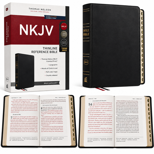 NKJV Thinline Reference Bible, Leather-Look, Black, Red Letter Edition, Comfort Print | Study Bible, Reference Bible | Holy Bible