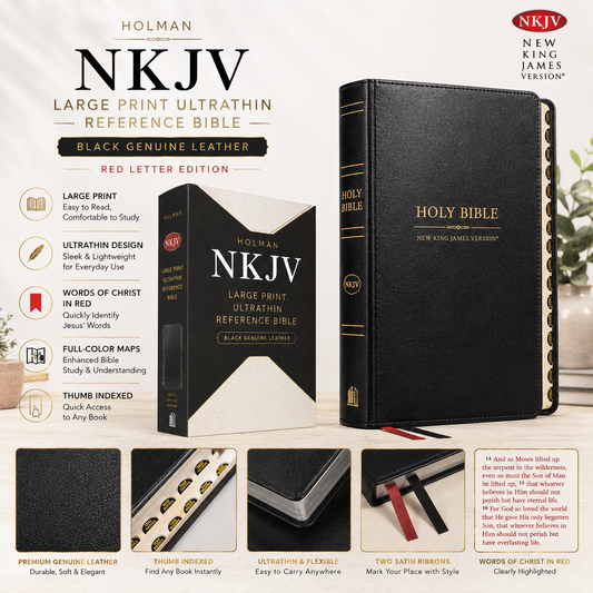 NKJV Large Print Ultrathin Reference Bible - Black Genuine Leather | Study Bible, Reference Bible | Holy Bible
