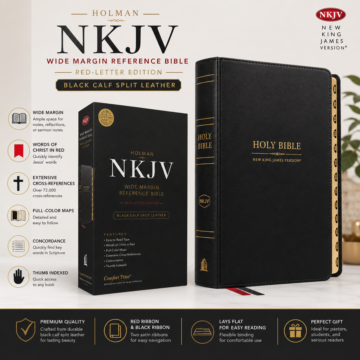 NKJV Wide Margin Reference Bible, Black Calf Split Leather, Red-letter | Study Bible, Reference Bible | Holy Bible