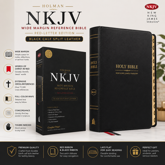 NKJV Wide Margin Reference Bible, Black Calf Split Leather, Red-letter | Study Bible, Reference Bible | Holy Bible