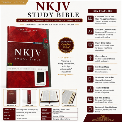 NKJV Study Bible, Leathersoft, Brown, Thumb Indexed, Comfort Print | Study Bible, Reference Bible | Holy Bible