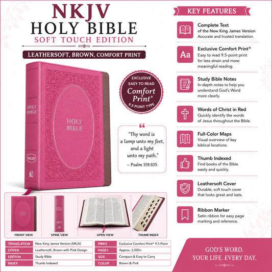 NKJV, Holy Bible, Soft Touch Edition, Leathersoft, Brown, Comfort Print | English Bible, Holy Bible