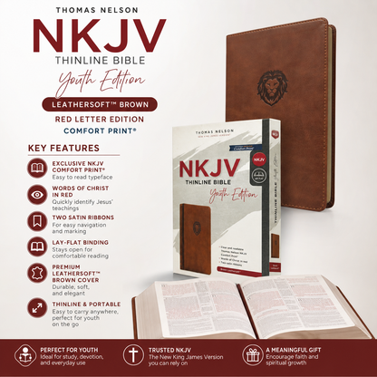 NKJV Thinline Bible Youth Edition Leathersoft Brown Red Letter Edition Comfort Print | Teen Bible, Youth Bible | Holy Bible