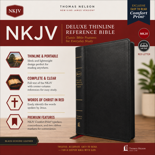 NKJV, Deluxe Thinline Reference Bible, Genuine Leather, Black, Red Letter, Comfort Print | Study Bible, Reference Bible | Holy Bible