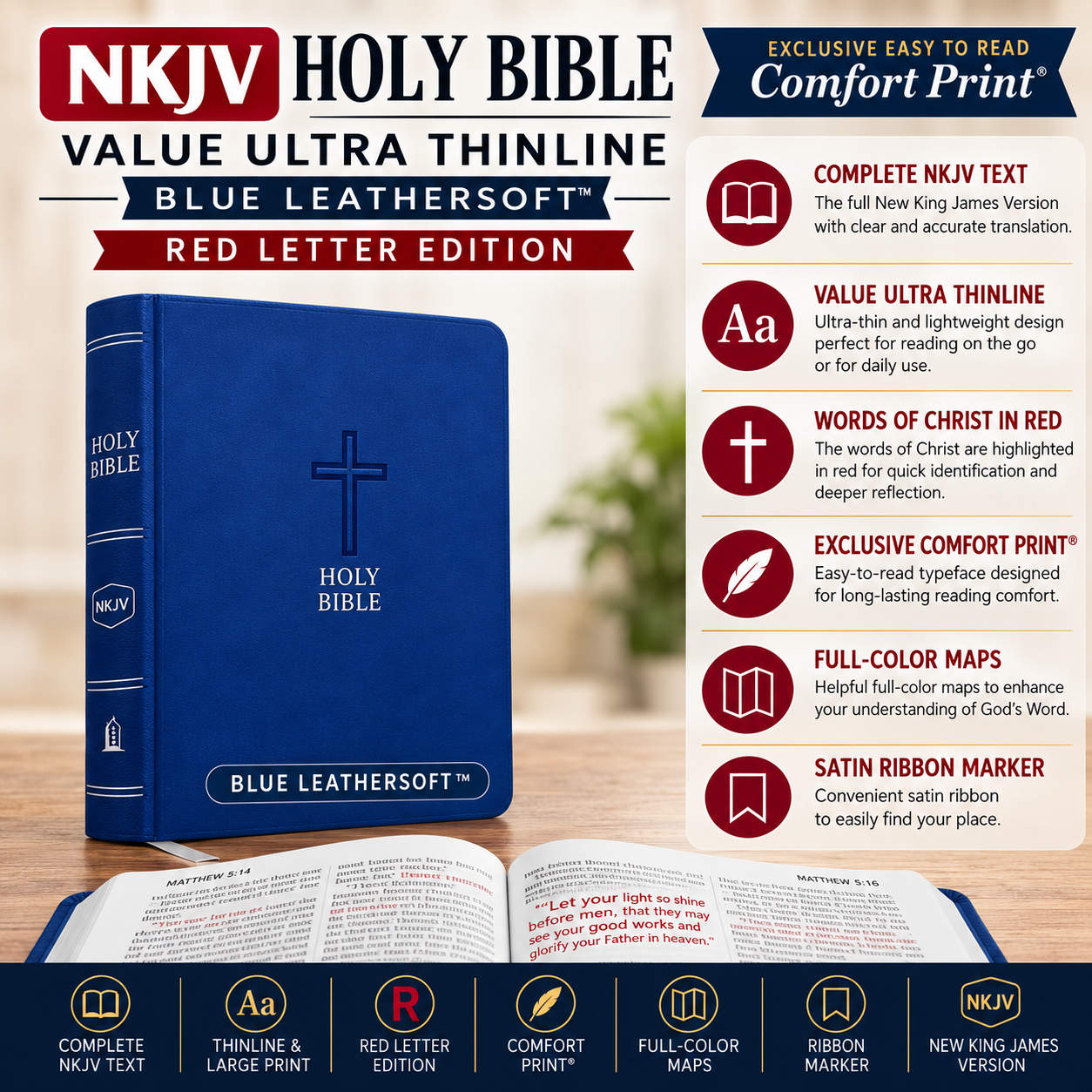 NKJV Holy Bible Value Ultra Thinline Blue Leathersoft Red Letter Comfort Print | English Bible, Holy Bible