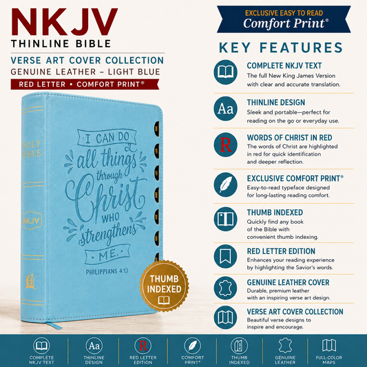 NKJV Thinline Bible Verse Art Cover Collection Genuine Leather Brown Thumb Indexed Red Letter Comfort Print | English Bible, Holy Bible