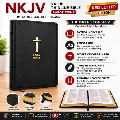 NKJV Value Thinline Bible Large Print Imitation Leather Black Red Letter Edition | English Bible, Holy Bible