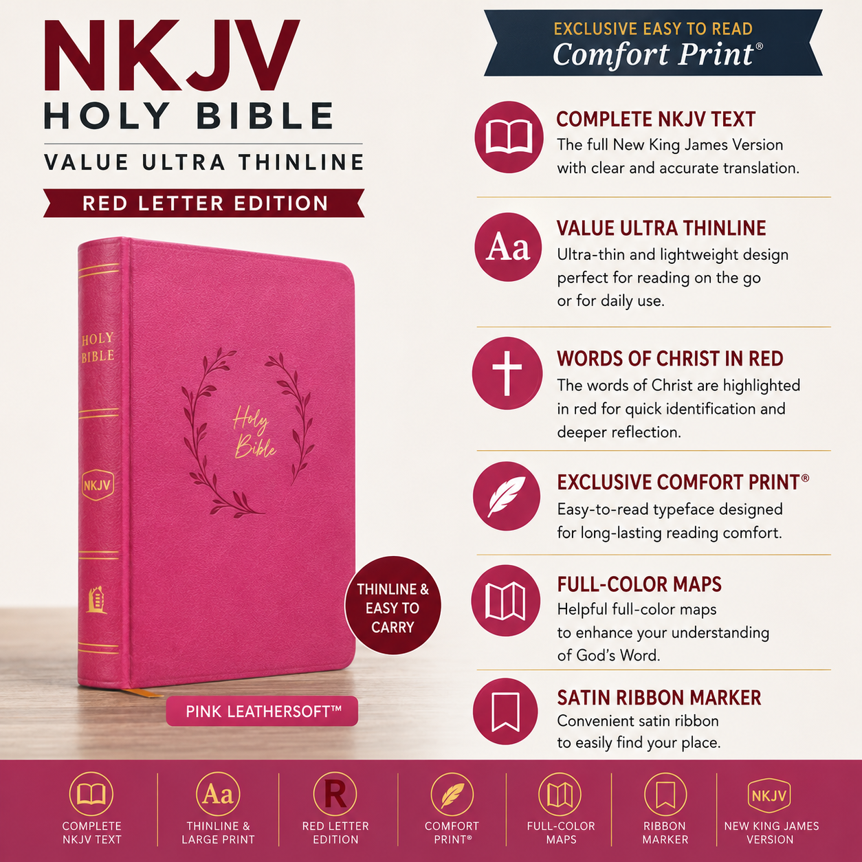 NKJV Holy Bible Value Ultra Thinline Pink Leathersoft Red Letter Comfort Print | English Bible, Holy Bible