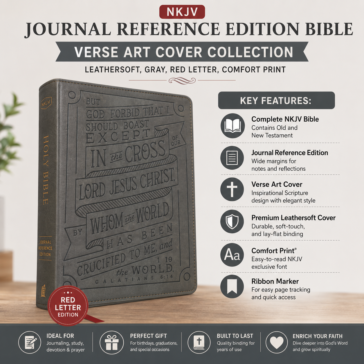 NKJV Journal Reference Edition Bible Verse Art Cover Collection Leathersoft Gray Red Letter Comfort Print | English Bible, Holy Bible