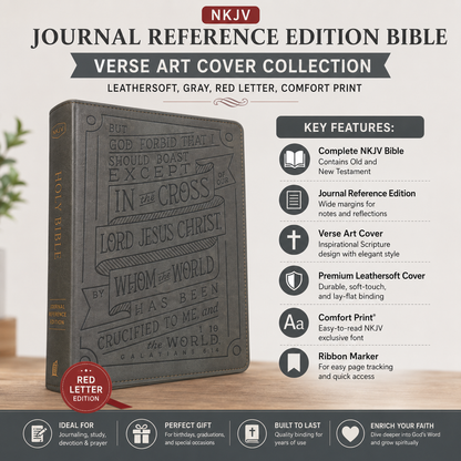 NKJV Journal Reference Edition Bible Verse Art Cover Collection Leathersoft Gray Red Letter Comfort Print | English Bible, Holy Bible