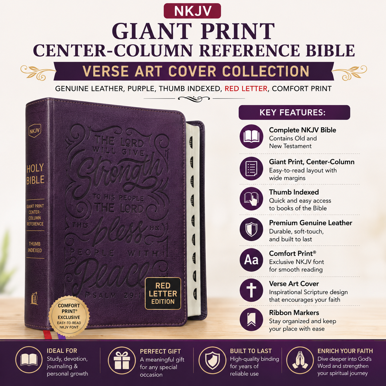 NKJV Giant Print Center-Column Reference Bible Verse Art Cover Collection Genuine Leather Purple Thumb Indexed Red Letter Comfort Print | Study