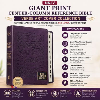 NKJV Giant Print Center-Column Reference Bible Verse Art Cover Collection Genuine Leather Purple Thumb Indexed Red Letter Comfort Print | Study