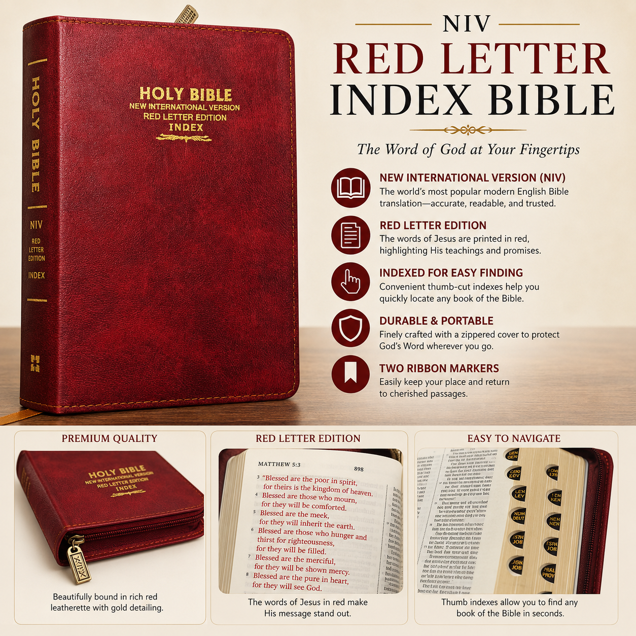 NIV Red Letter Index Bible | NIV Red Letter Index Bible – Brown Cover | Holy Bible