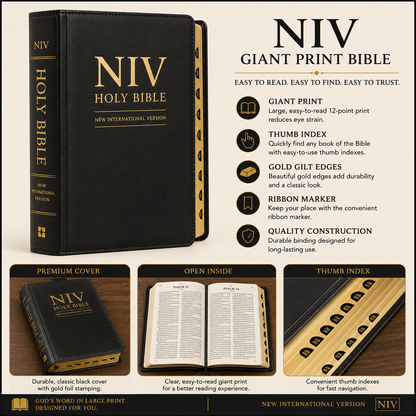 NIV Giant Print Bible, Thumb Index, Gold Gilt Edges, Black | English Bible, Holy Bible