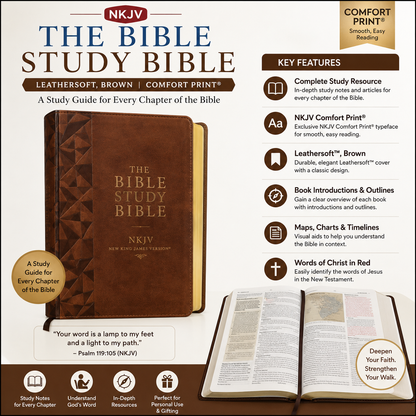 NKJV, The Bible Study Bible, Leathersoft, Brown, Comfort Print: A Study Guide for Every Chapter of the Bible | Study Bible, Reference Bible | Holy