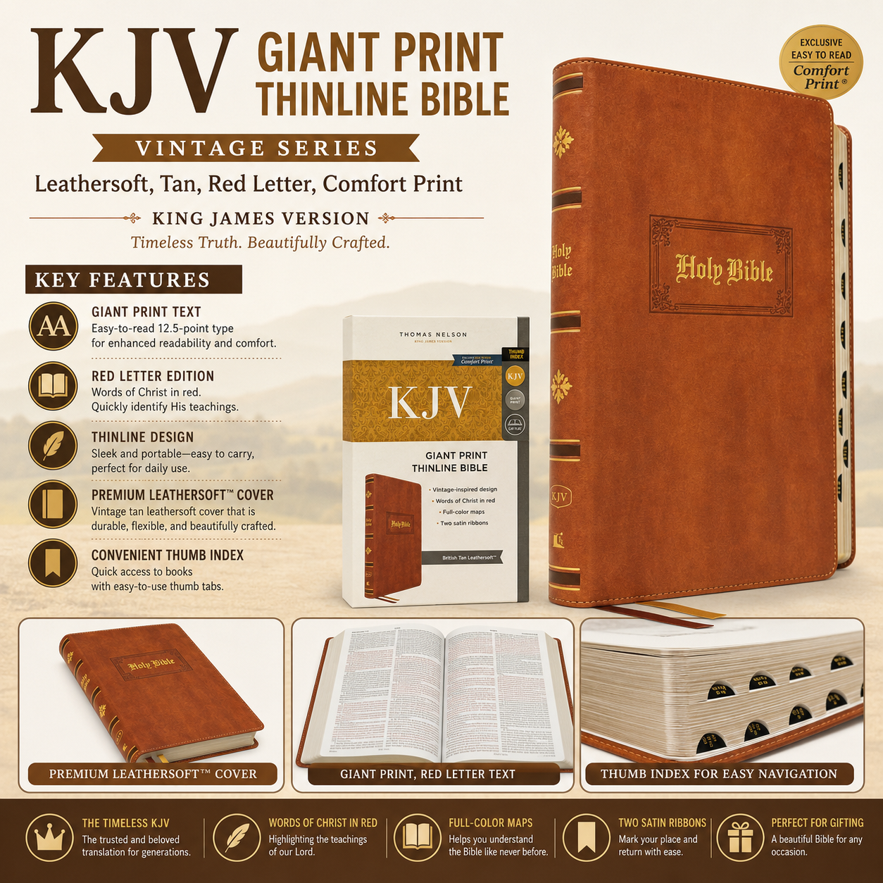 KJV Giant Print Thinline Bible Vintage Series Leathersoft Tan Red Letter Comfort Print | English Bible, Holy Bible