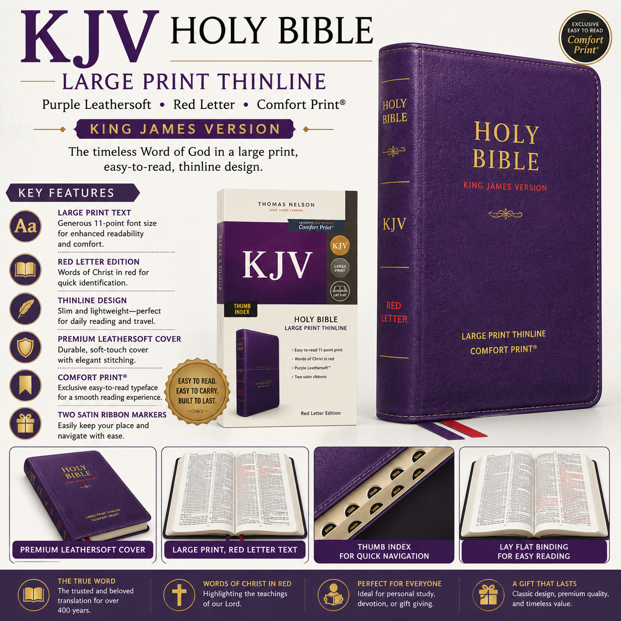 KJV Holy Bible Large Print Thinline Black Leathersoft Red Letter Comfort Print King James Version | English Bible, Holy Bible