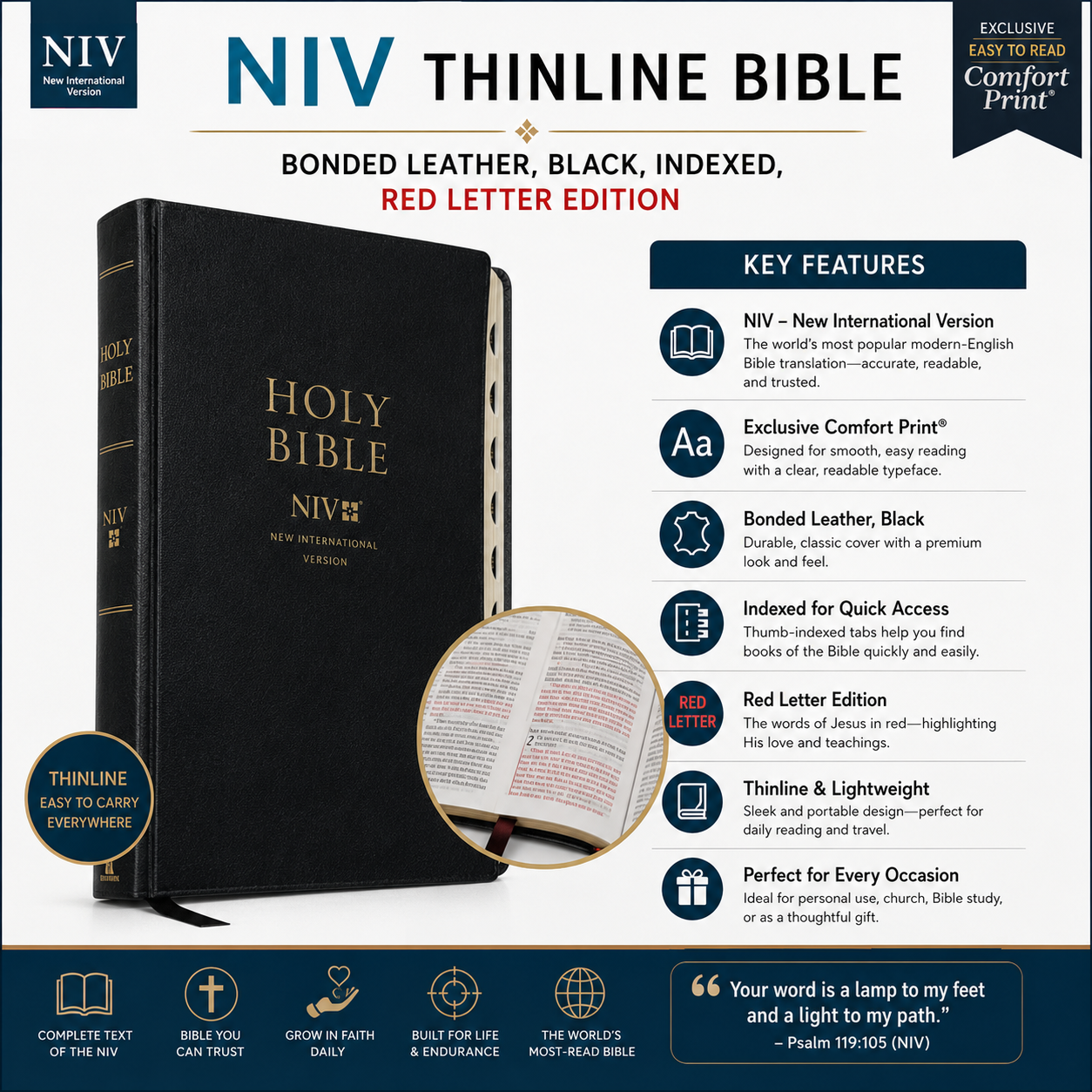 NIV, Thinline Bible, Bonded Leather, Black, Indexed, Red Letter Edition | English Bible, Holy Bible
