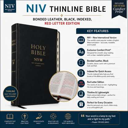 NIV, Thinline Bible, Bonded Leather, Black, Indexed, Red Letter Edition | English Bible, Holy Bible