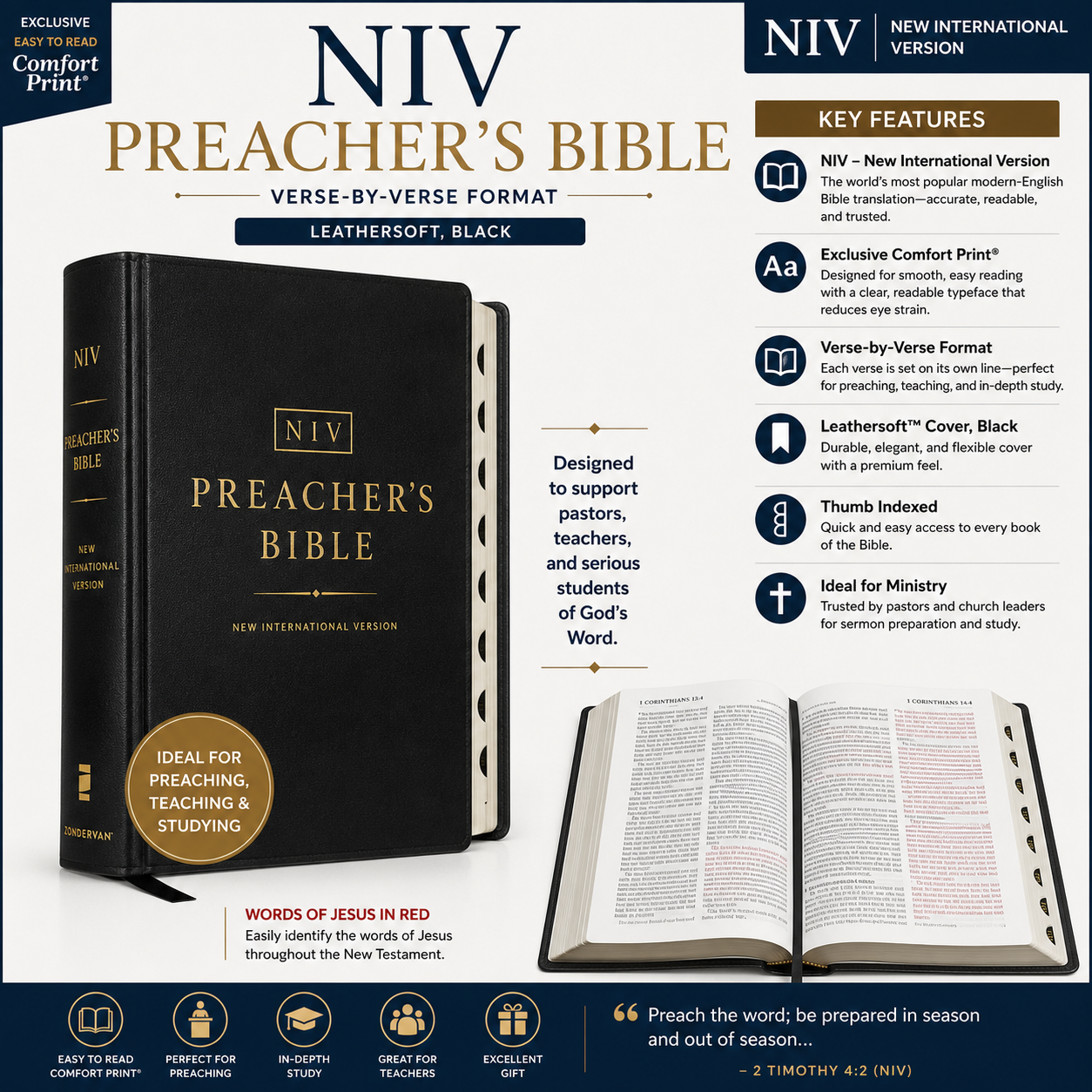 NIV, Preacher's Bible, Verse-By-Verse Format, Leathersoft, Black, Comfort Print | English Bible, Holy Bible