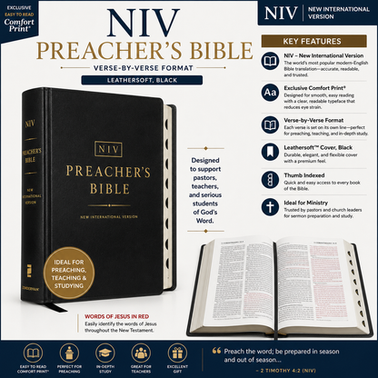 NIV, Preacher's Bible, Verse-By-Verse Format, Leathersoft, Black, Comfort Print | English Bible, Holy Bible