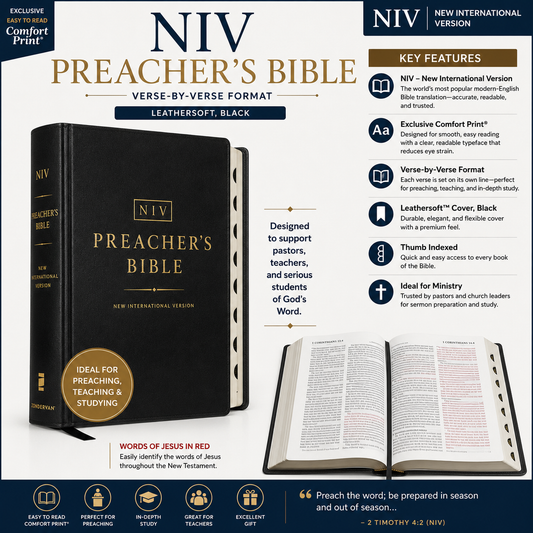 NIV, Preacher's Bible, Verse-By-Verse Format, Leathersoft, Black, Comfort Print | English Bible, Holy Bible