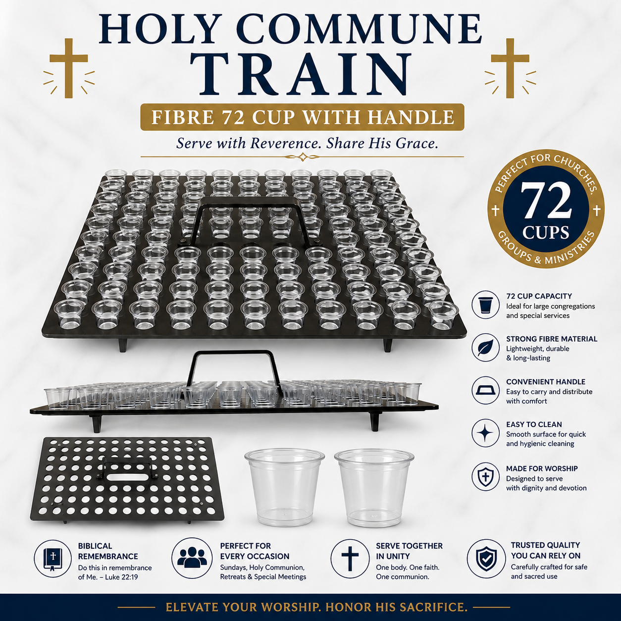Holy Communion Tray with Handle, Fibre 72-Cup Capacity, Lightweight Stackable Communion Cup Holder for Church Services & Lord's Supper | Communion