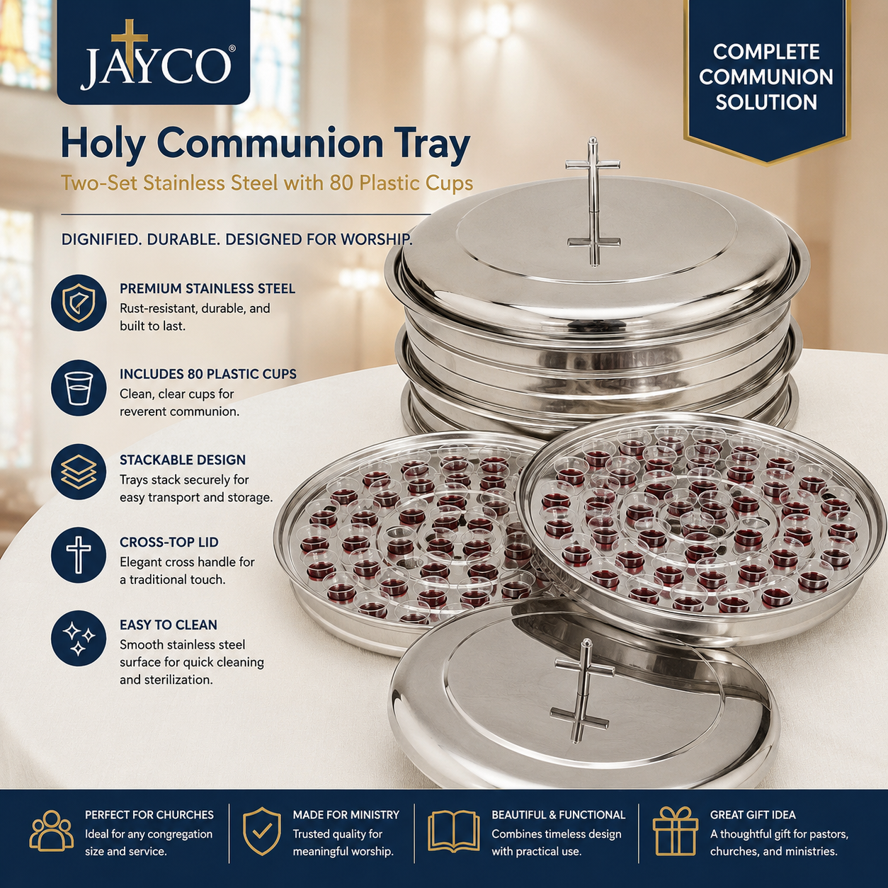 JAYCO Holy Communion Tray, Two-Set Stainless Steel with 80 Plastic Cups, Stackable Trays with Closed Cross-Top Lid for Church Communion Service |