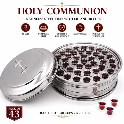 Holy Communion Stainless Steel Tray with Lid & 40 Cups, Complete Church Communion Serving Set (Pack of 43), Mirror Finish | Communion Tray,