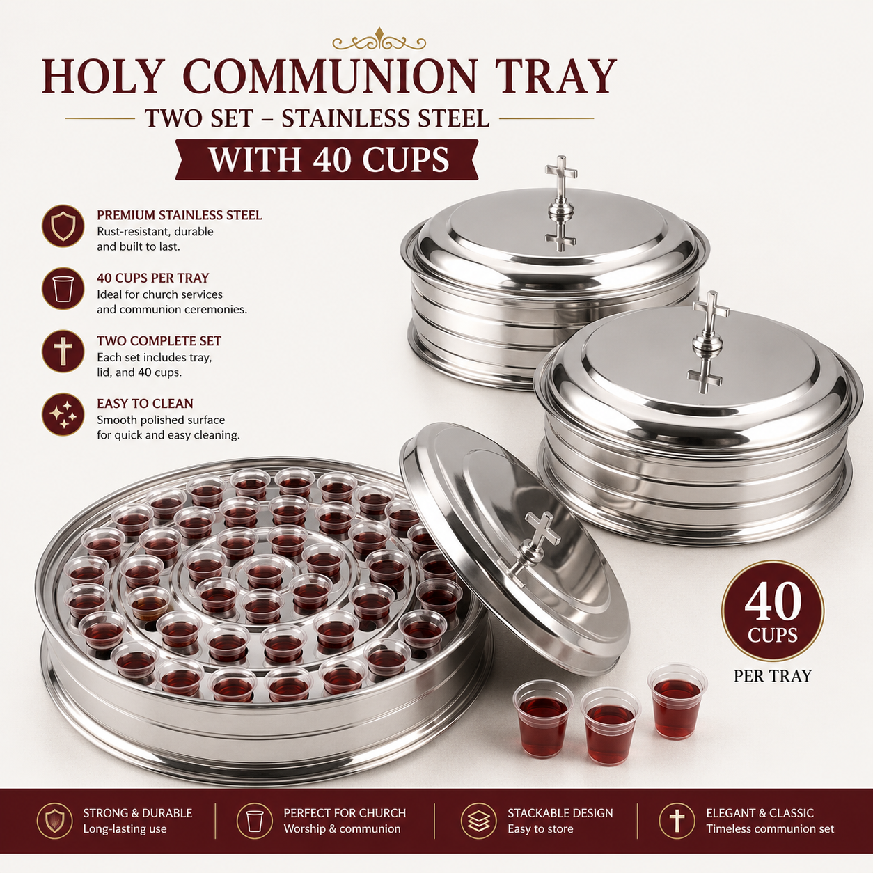 Holy Communion Tray, Two-Tray Stainless Steel Set with 40 Cups, Stackable Food-Grade Trays with Removable Cup Disk for Church Communion Service |