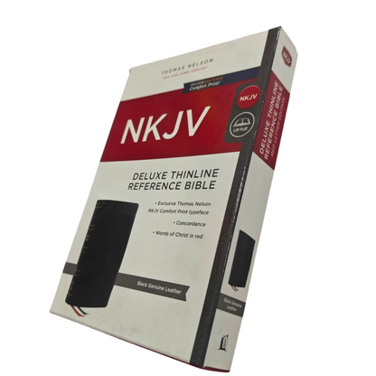 NKJV, Deluxe Thinline Reference Bible, Genuine Leather, Black, Red Letter, Comfort Print | Study Bible, Reference Bible | Holy Bible