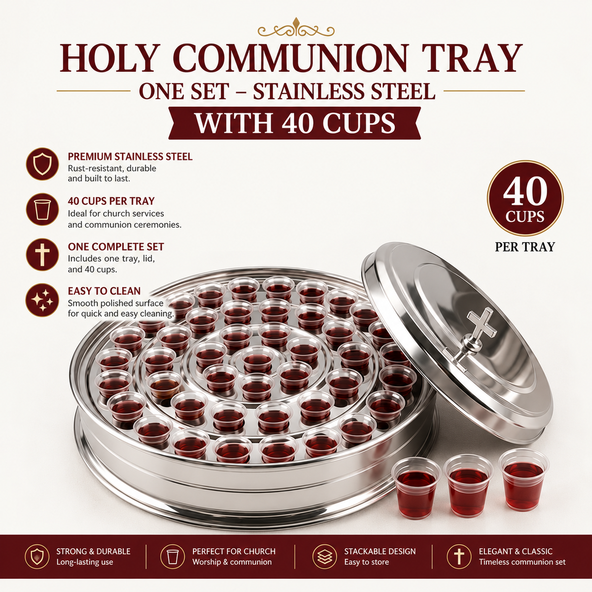 Holy Communion Tray, OneTray Stainless Steel Set with 40 Cups, Stackable Food-Grade Trays with Removable Cup Disk for Church Communion Service |