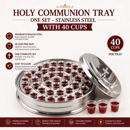 Holy Communion Tray, OneTray Stainless Steel Set with 40 Cups, Stackable Food-Grade Trays with Removable Cup Disk for Church Communion Service |