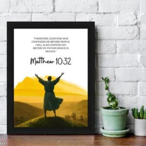 Matthew 10:32 Biblical Scripture Wall Art Print with Black Frame - Religious Home Decor
