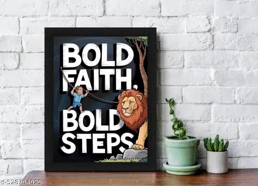 Inspirational Lion and Child Wall Art with Black Frame - Bold Faith Bold Steps Design