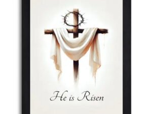 He is Risen Christian Wall Art: Religious Cross Print with Crown of Thorns in Black Frame for Home Décor