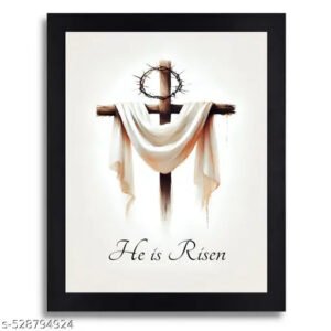 He is Risen Christian Wall Art: Religious Cross Print with Crown of Thorns in Black Frame for Home Décor