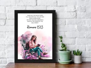 Romans 15:13 Bible Verse Wall Art - Christian Scripture Print with Elegant Floral Design in Black Frame