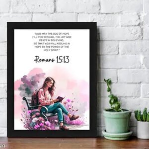 Romans 15:13 Bible Verse Wall Art - Christian Scripture Print with Elegant Floral Design in Black Frame