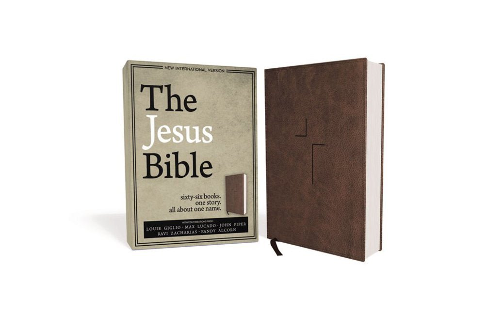 Brown imitation leather bound NIV Jesus Bible, 66 books, one story, one name