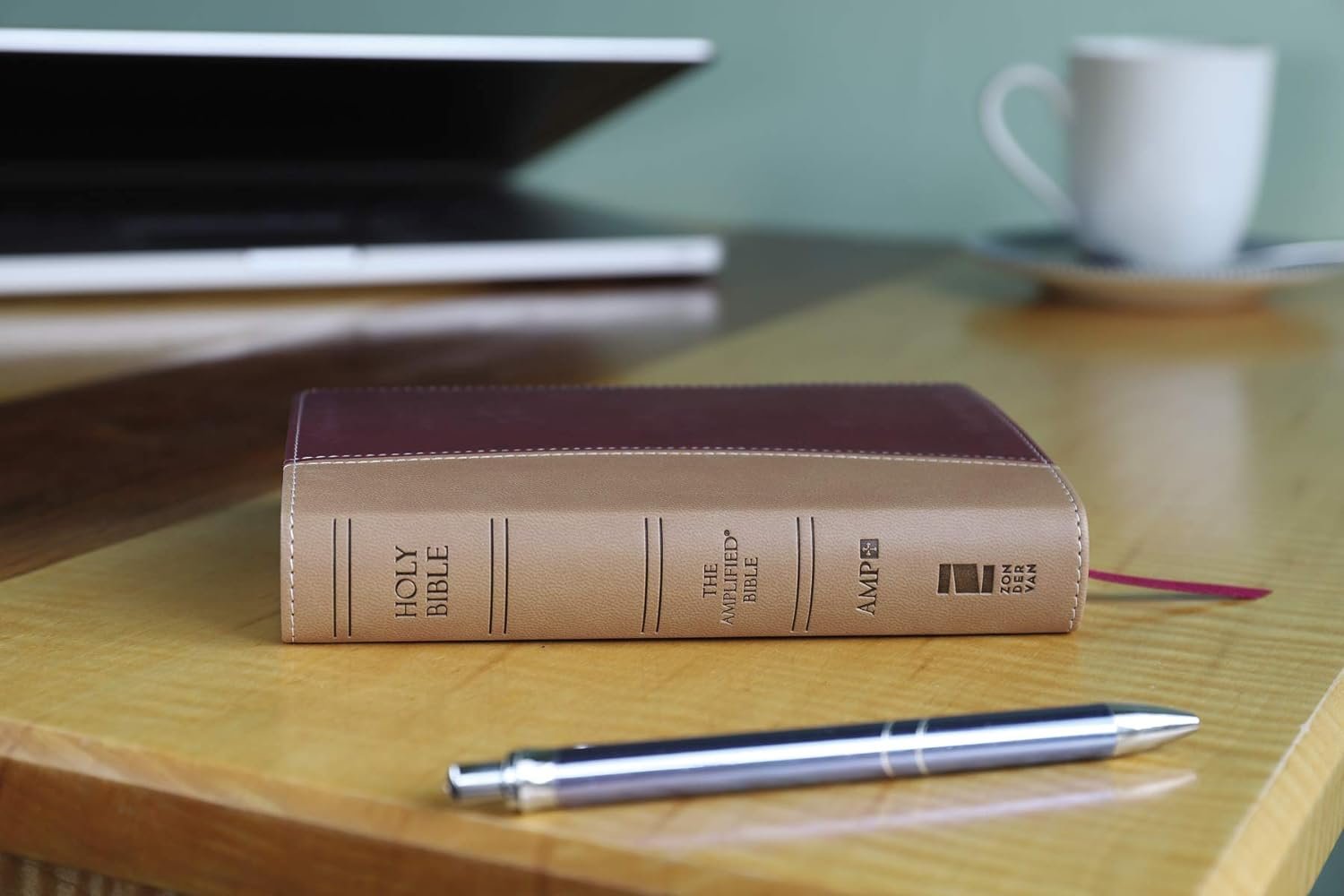 Compact Amplified Holy Bible in Leathersoft Camel/Burgundy