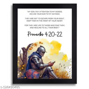 Proverbs 4:20-22 Biblical Scripture Wall Art with Knight Illustration, Black Framed Canvas Print