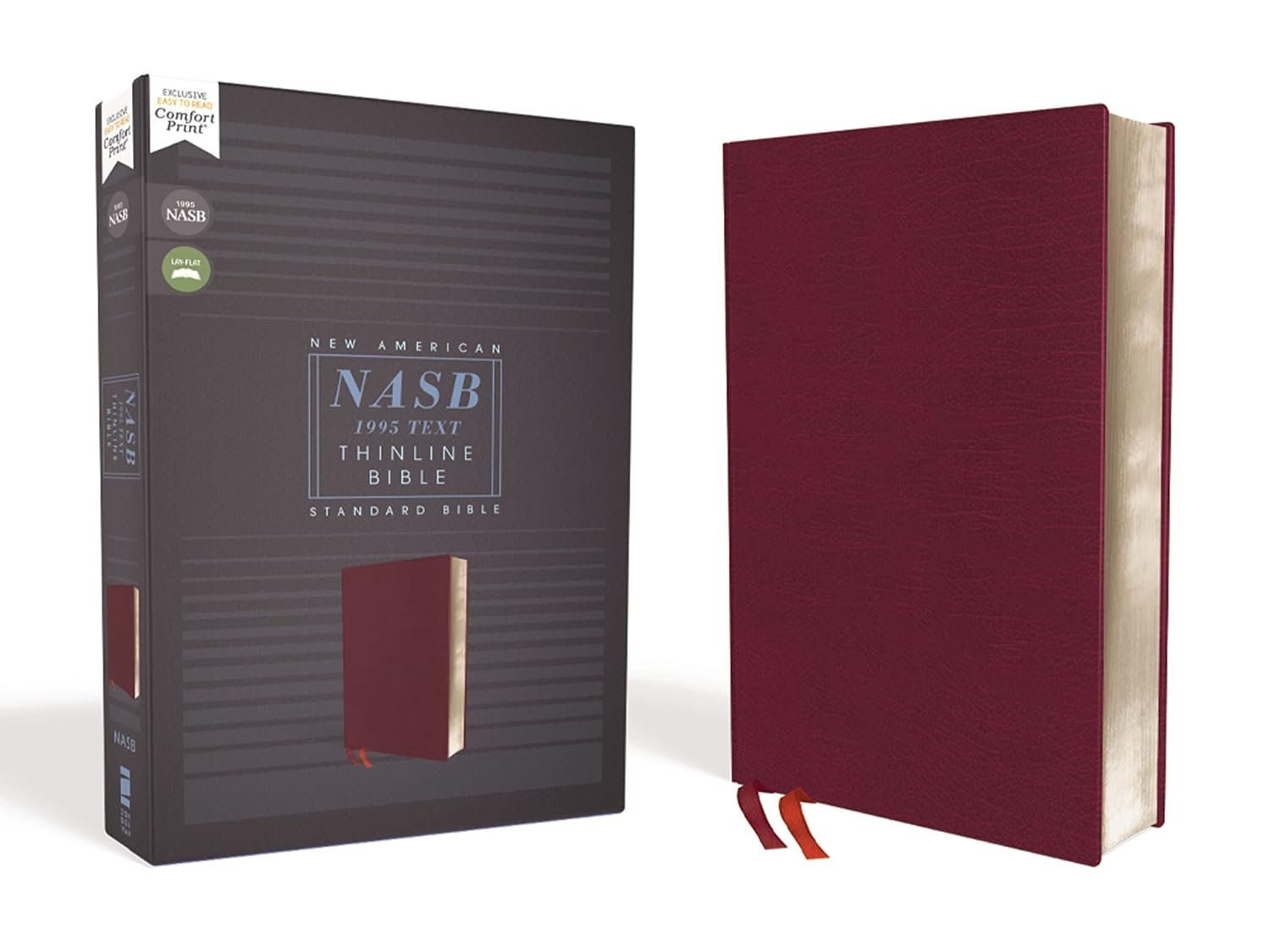 Front cover of thinline NASB Bible in burgundy bonded leather with red letter text and 1995 comfort print.