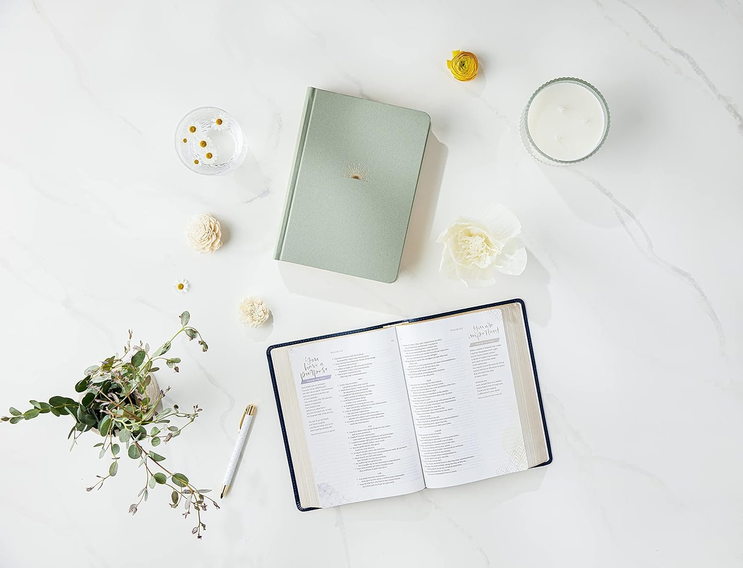 Beautiful Seafoam Green NLT Dayspring Hope & Encouragement Bible with 52 full-page devotions and wide margins