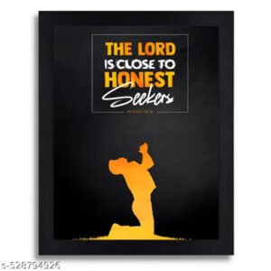 Psalms 145:18 Bible Verse Religious Wall Art Print with Black Frame and Orange Silhouette for Christian Home Decor