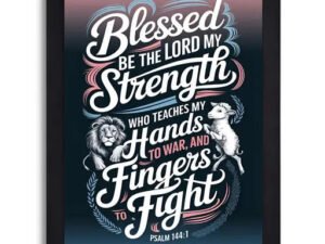 Psalm 144:1 Bible Verse Wall Art, Minimalist Black Frame Typography Print Featuring Lion and Lamb Illustration