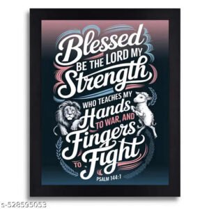 Psalm 144:1 Bible Verse Wall Art, Minimalist Black Frame Typography Print Featuring Lion and Lamb Illustration