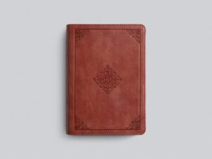 Terracotta leather bound ESV Large Print Compact Bible open on a desk